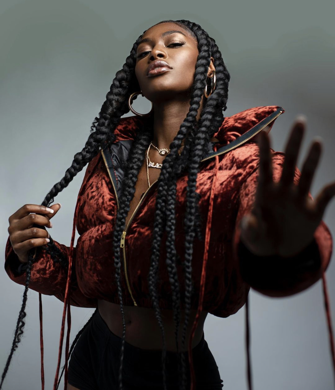 Fashion editorial portrait with glossy lip, sculpted skin, and long braids