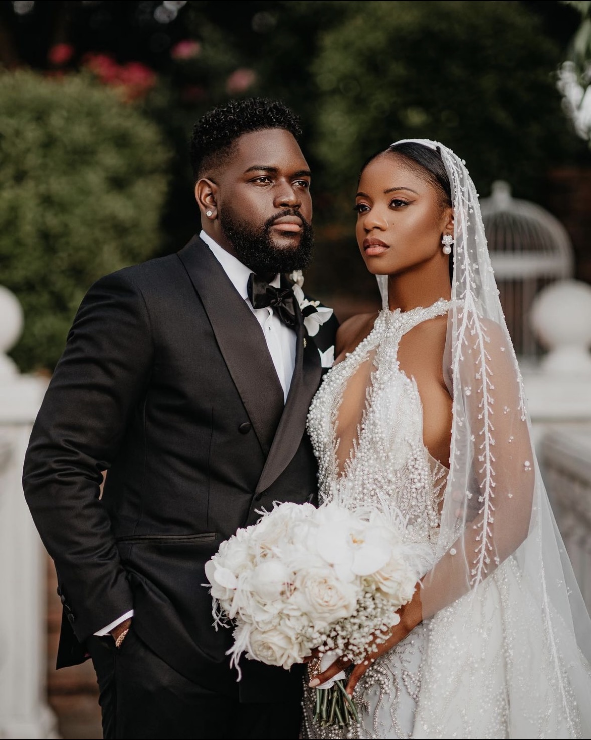Bride and groom portrait, luxury garden wedding makeup